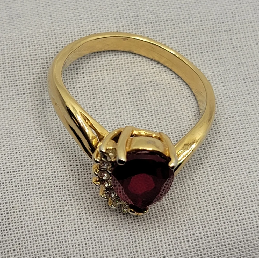 Vintage Cocktail Ring Gold Tone Simulated Ruby and Diamond